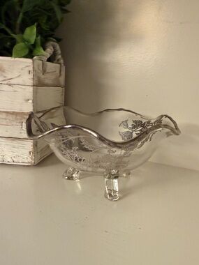 Silver City Flanders Poppy Silver Overlay Crystal 3 Footed Dish MCM Vintage